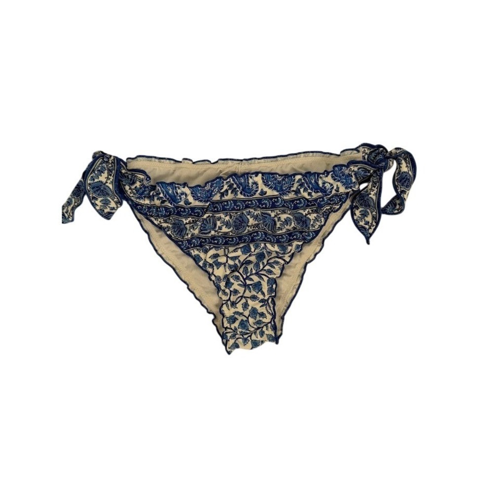J.Crew Womens Blue White Block Print Floral Side Tie Bikini Bottom  Medium